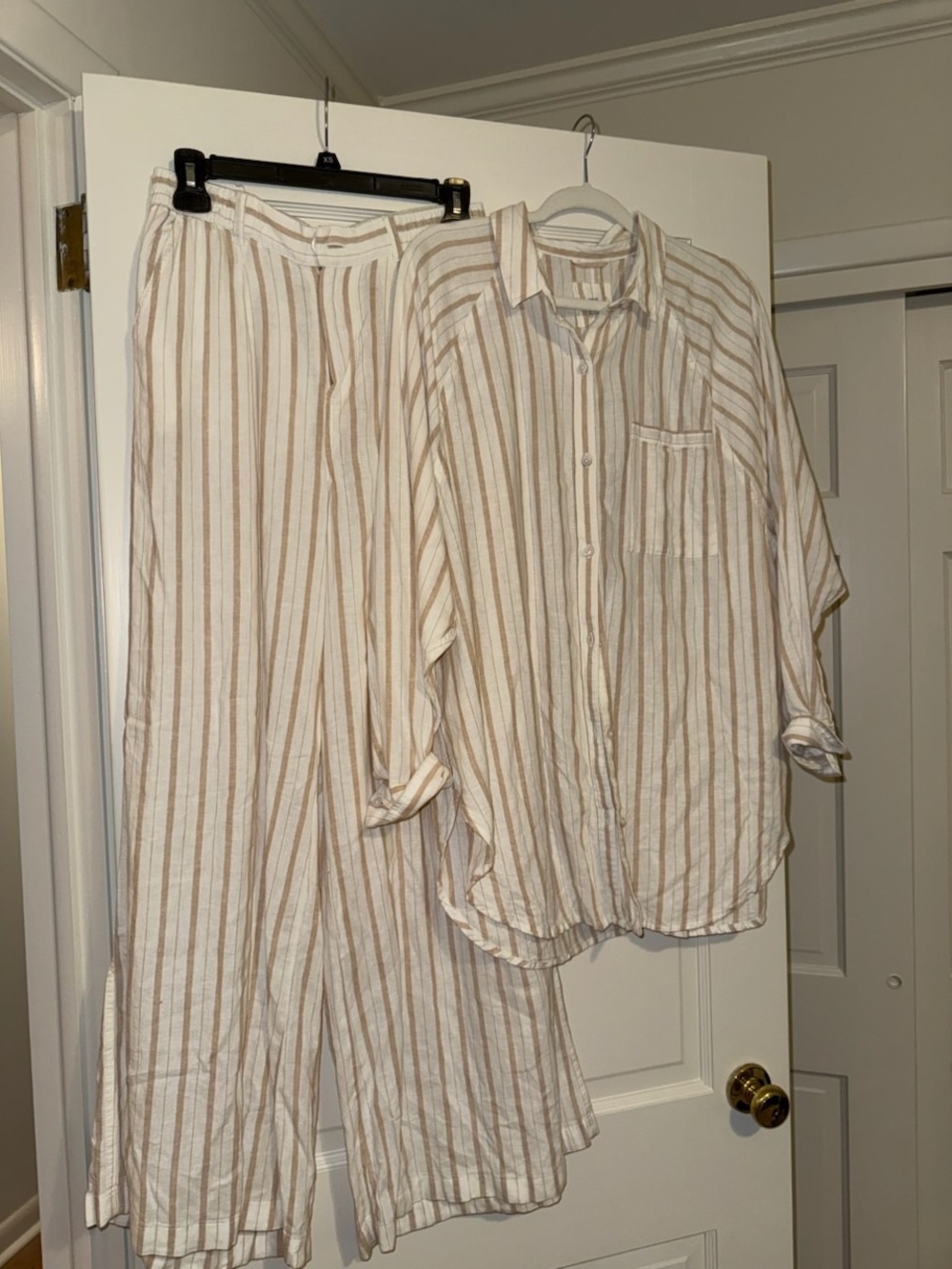 aerie Cream & Tan Striped Button-Up Top and Wide Leg Pants